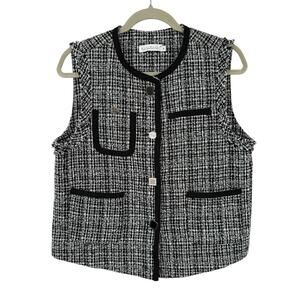 Macy Mccoy Australia Tweed Fringe Vest Women Medium Black White Artsy Buttons